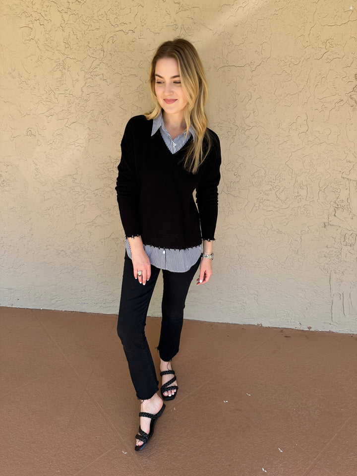 J Society Long Sleeve Stripe Twofer Layered Sweater - Black