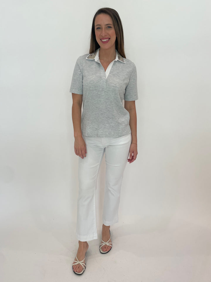 Margittes Sequin Collar Short Sleeve Polo in Silver Melange paired with Elliott Lauren 5-Pocket Baby Boot Crop Jeans in White available at Barbara Katz