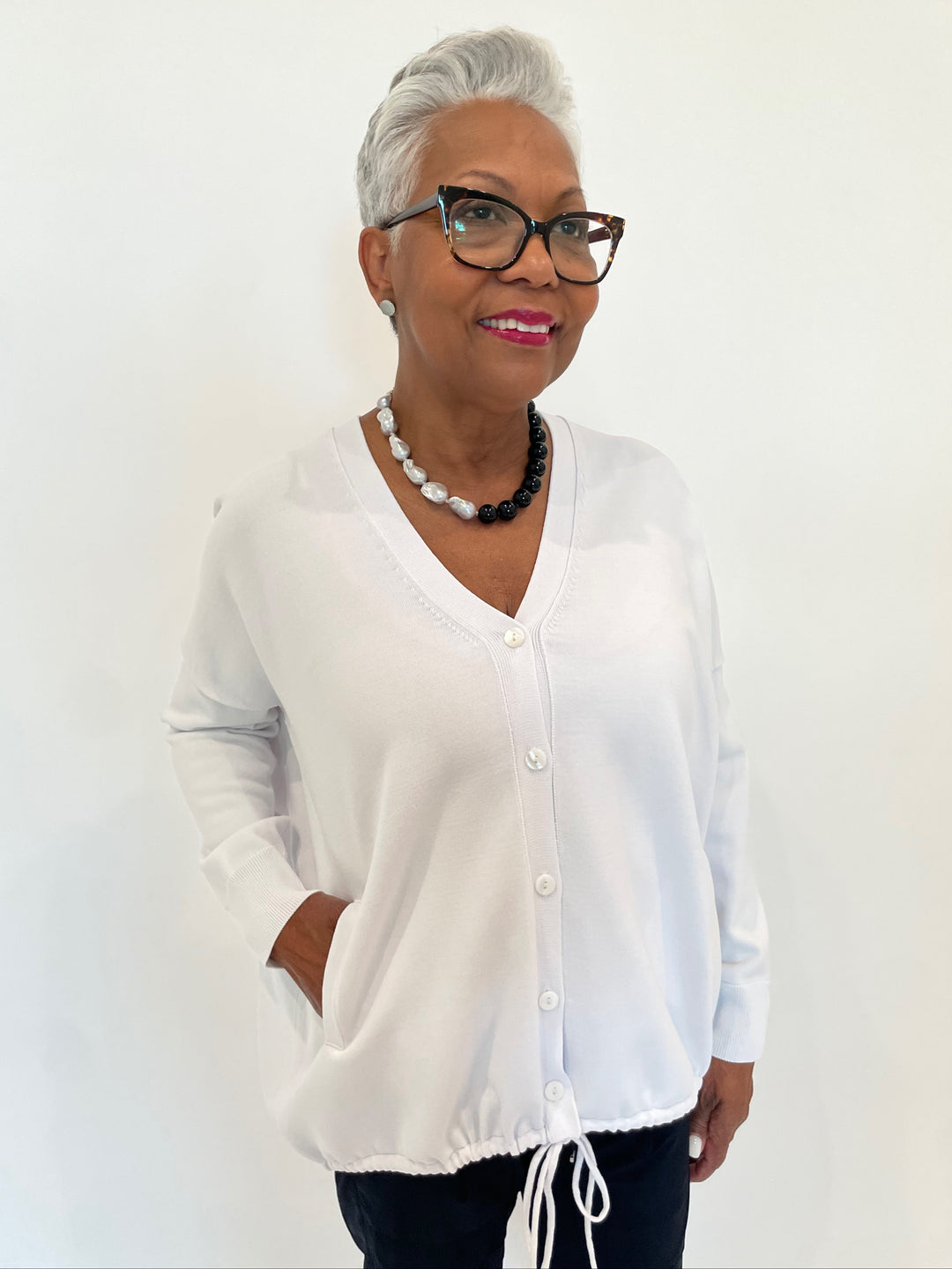 Billie Susana Knit Boxy Drawstring Cardigan in White with Lizzie Fortunato Midnight Sky Collar Necklace available at Barbara Katz