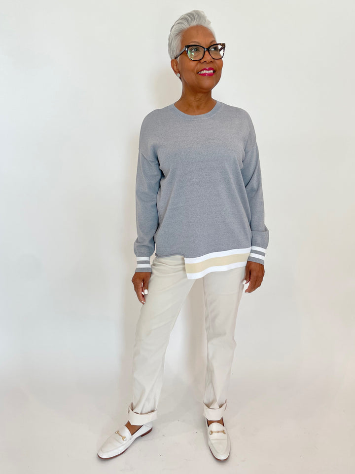 Billie Nancy Knit Crew Sweater With Stripes in Grey paired with White Jeans available at Barbara Katz