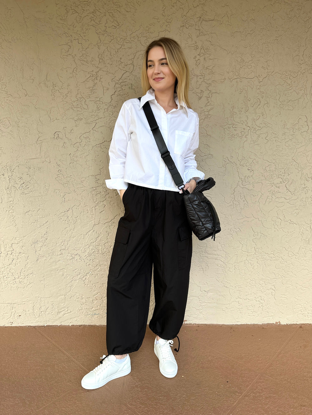 Stateside Structured Poplin Drawstring Cargo Pant - Black
