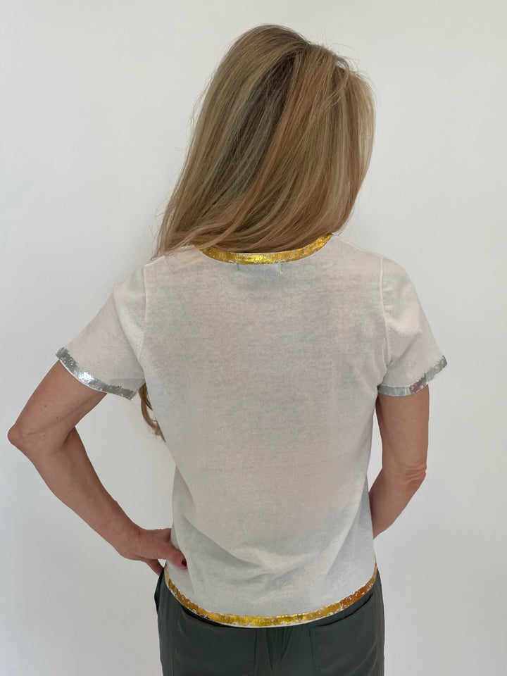 Peace of Cloth White Sonya Short Sleeve Crew Top With Foil Trim available at Barbara Katz