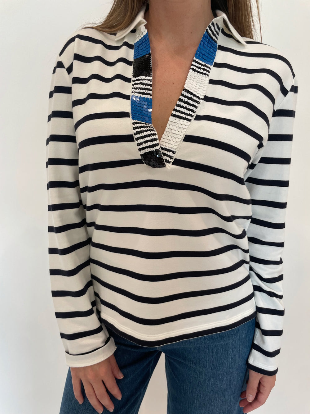 Margittes Sequin Trim Long Sleeve Stripe Polo in Marine available at Barbara Katz