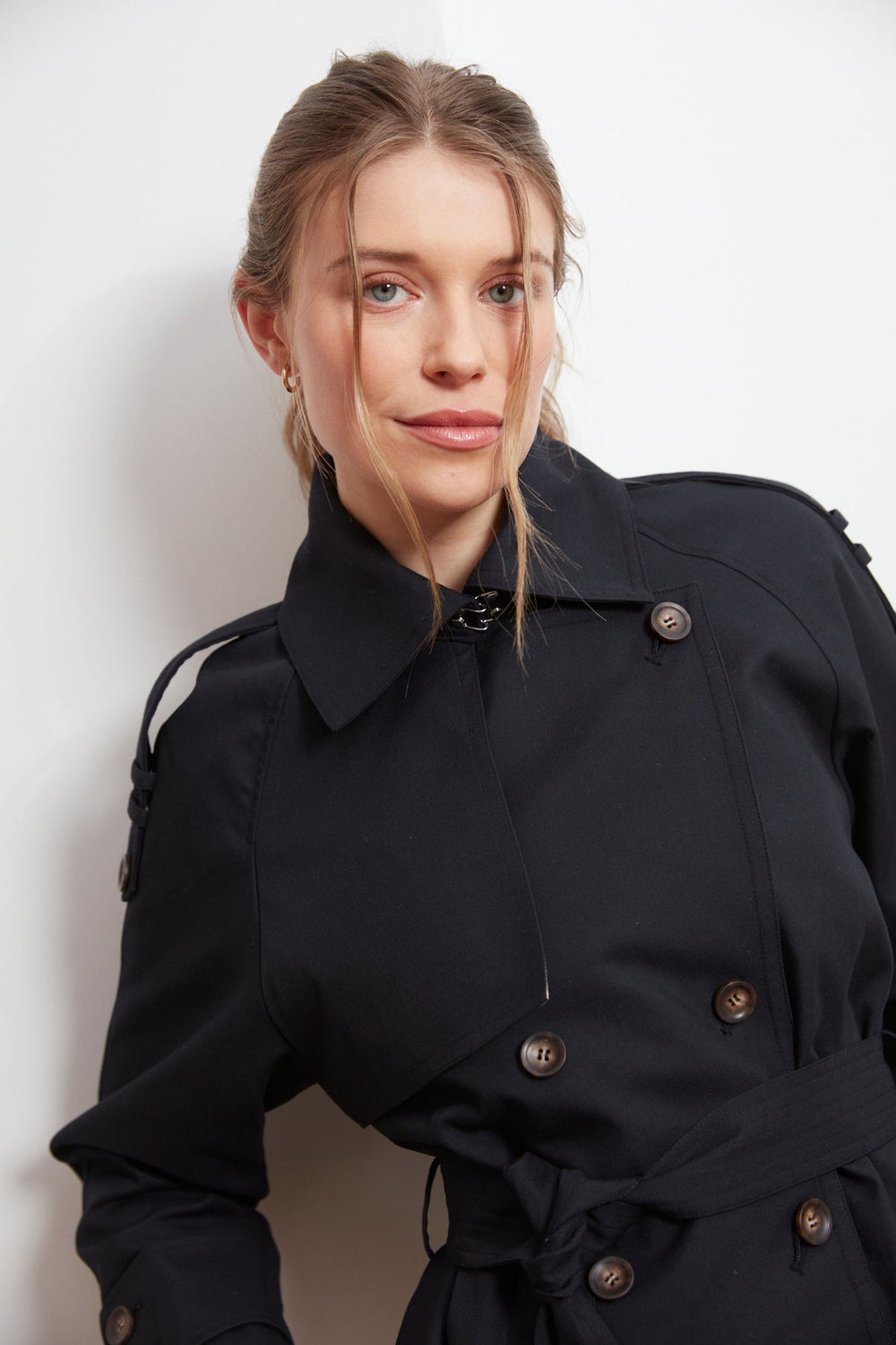 Adroit Atelier Calista Short Double Breasted Trench Coat in Black available at Barbara Katz