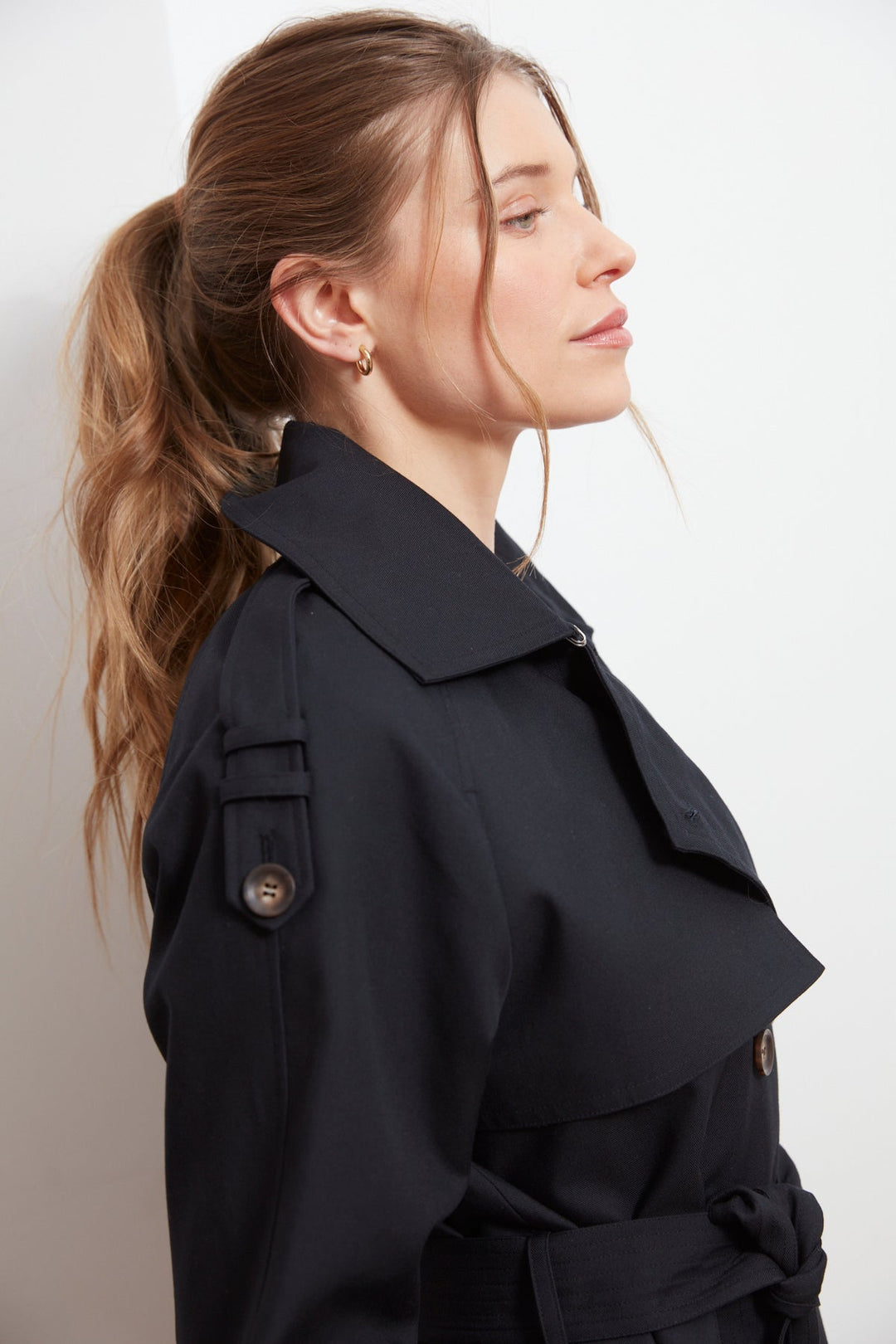 Adroit Atelier Calista Short Double Breasted Trench Coat in Black available at Barbara Katz