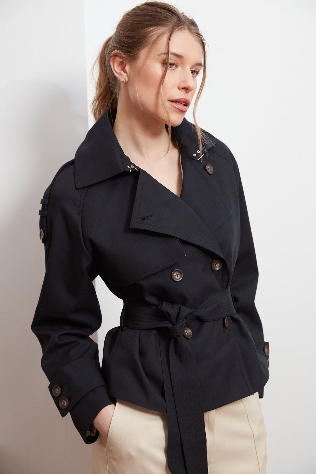 Adroit Atelier Calista Short Double Breasted Trench Coat in Black available at Barbara Katz