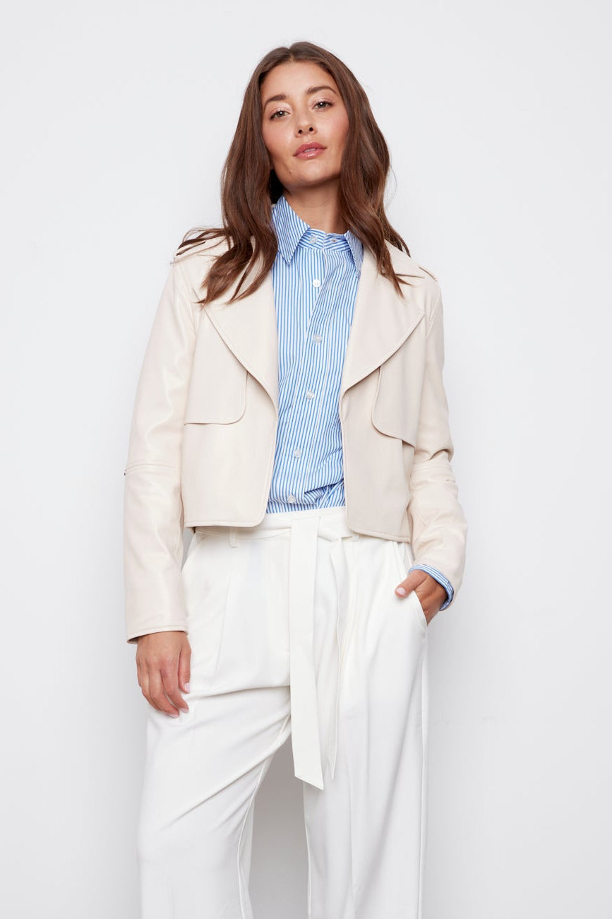 Adroit Atelier Camille Open Front Vegan Leather Jacket With Storm Flap Detail in Birch available at Barbara Katz