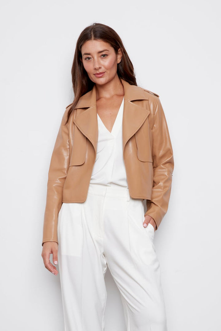 Adroit Atelier Camille Open Front Vegan Leather Jacket With Storm Flap Detail in Tan available at Barbara Katz