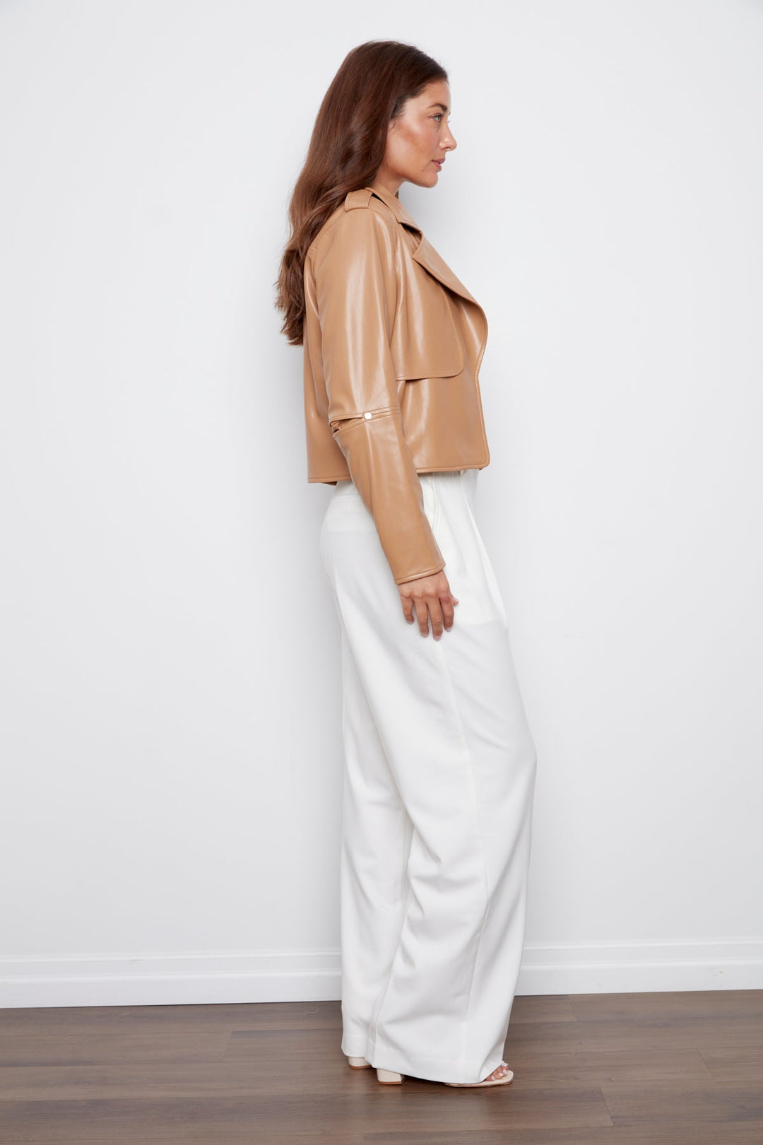 Adroit Atelier Camille Open Front Vegan Leather Jacket With Storm Flap Detail in Tan available at Barbara Katz