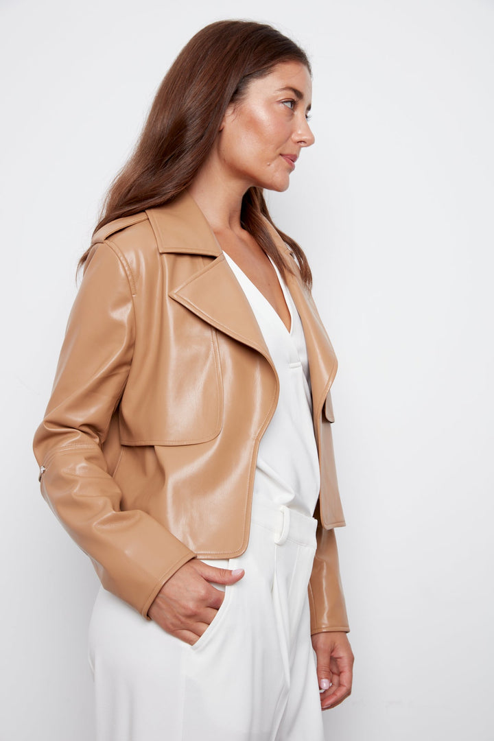Adroit Atelier Camille Open Front Vegan Leather Jacket With Storm Flap Detail in Tan available at Barbara Katz