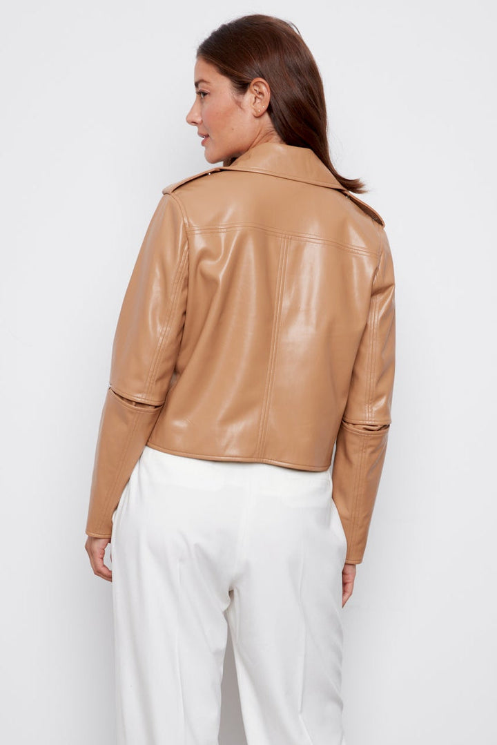 Adroit Atelier Camille Open Front Vegan Leather Jacket With Storm Flap Detail in Tan available at Barbara Katz