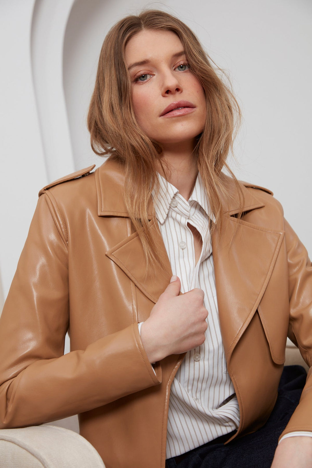 Adroit Atelier Camille Open Front Vegan Leather Jacket With Storm Flap Detail in Tan available at Barbara Katz