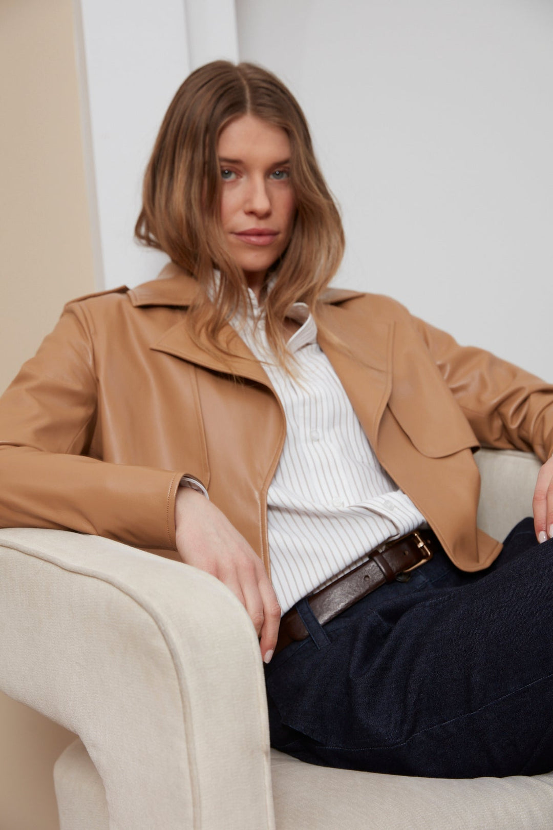 Adroit Atelier Camille Open Front Vegan Leather Jacket With Storm Flap Detail in Tan available at Barbara Katz
