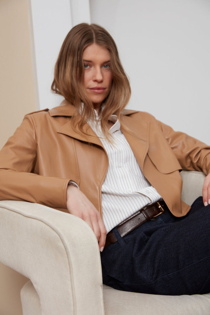 Adroit Atelier Camille Open Front Vegan Leather Jacket With Storm Flap Detail in Tan available at Barbara Katz
