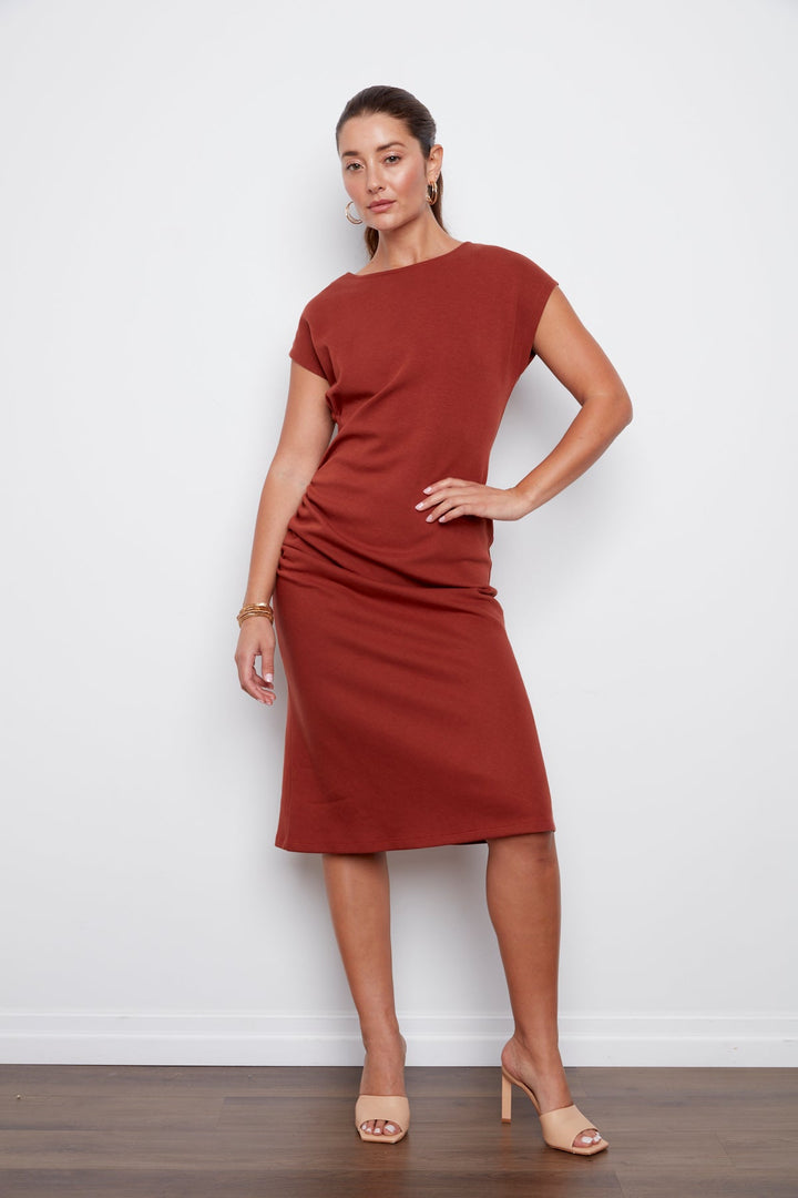 Cammy Jersey Cap Sleeve Dress With Shirring Detail - Picante