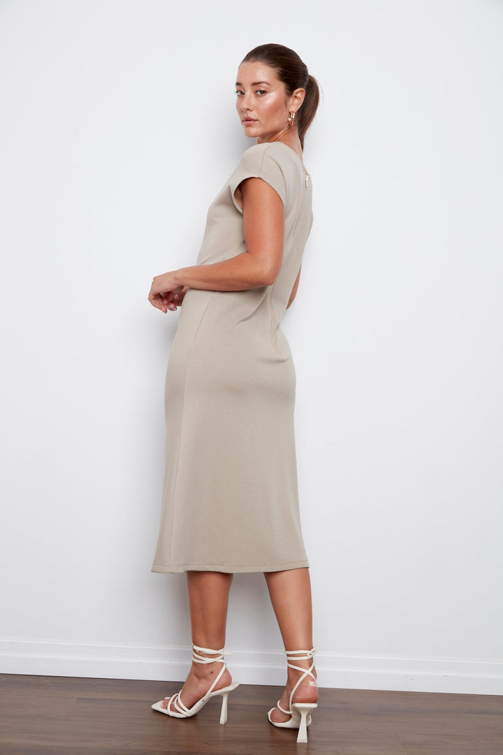 Cammy Jersey Cap Sleeve Dress With Shirring Detail - Taupe