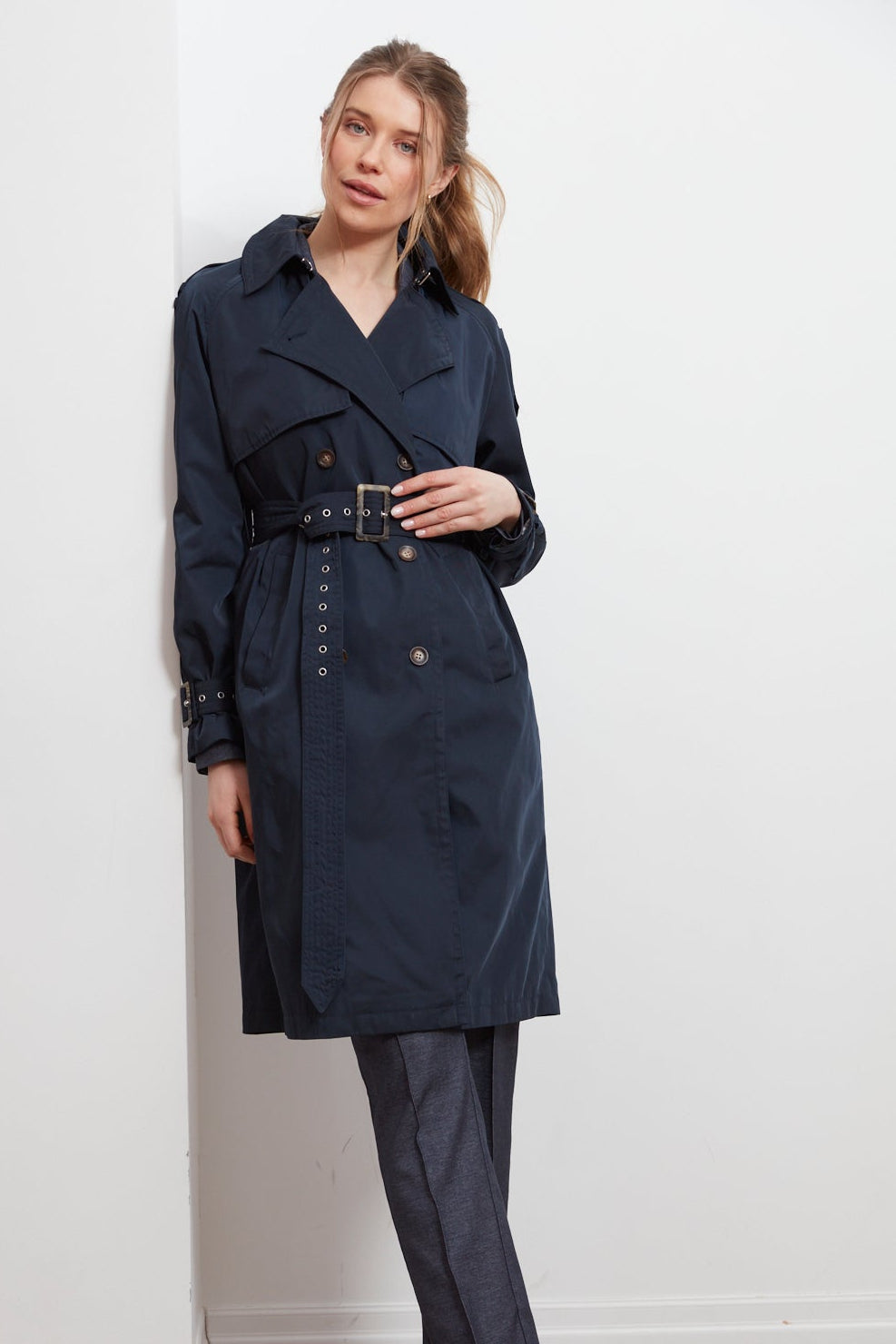 Adroit Atelier Cara Long Trench Coat in Navy available at Barbara Katz