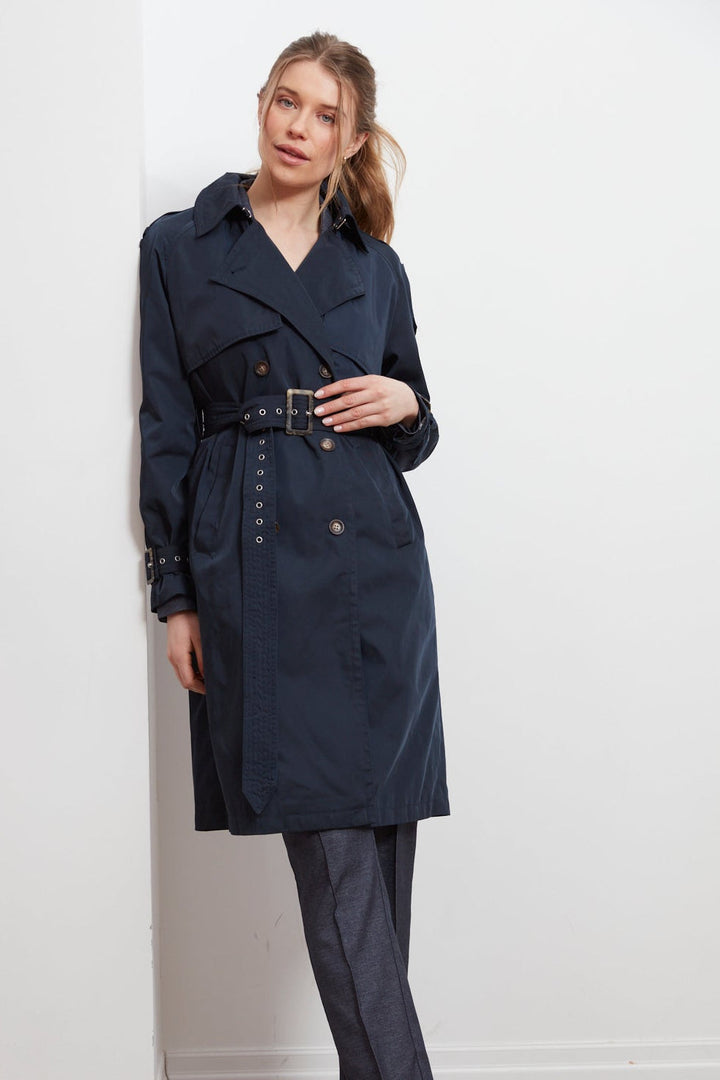 Adroit Atelier Cara Long Trench Coat in Navy available at Barbara Katz