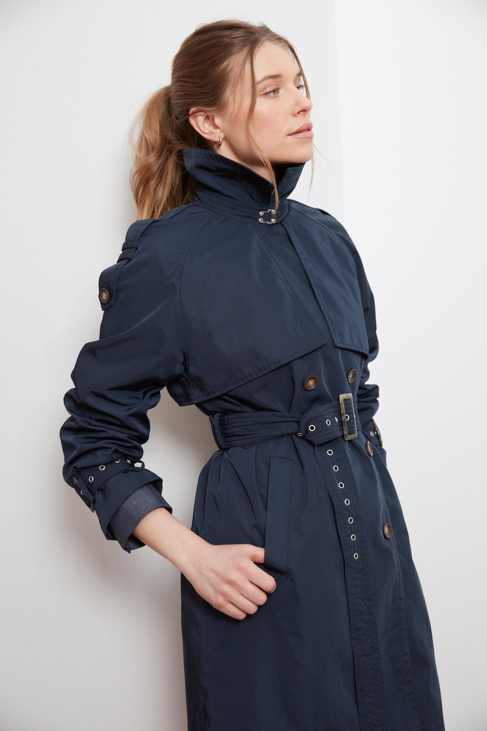 Adroit Atelier Cara Long Trench Coat in Navy available at Barbara Katz