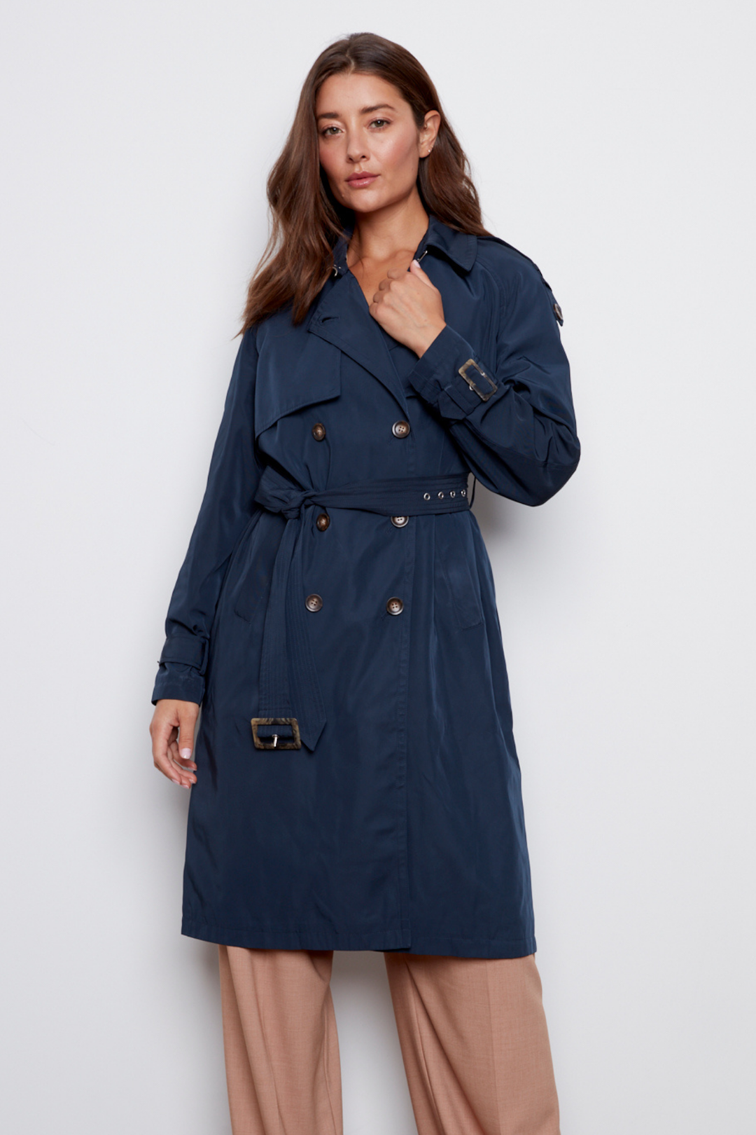 Adroit Atelier Cara Long Trench Coat in Navy available at Barbara Katz