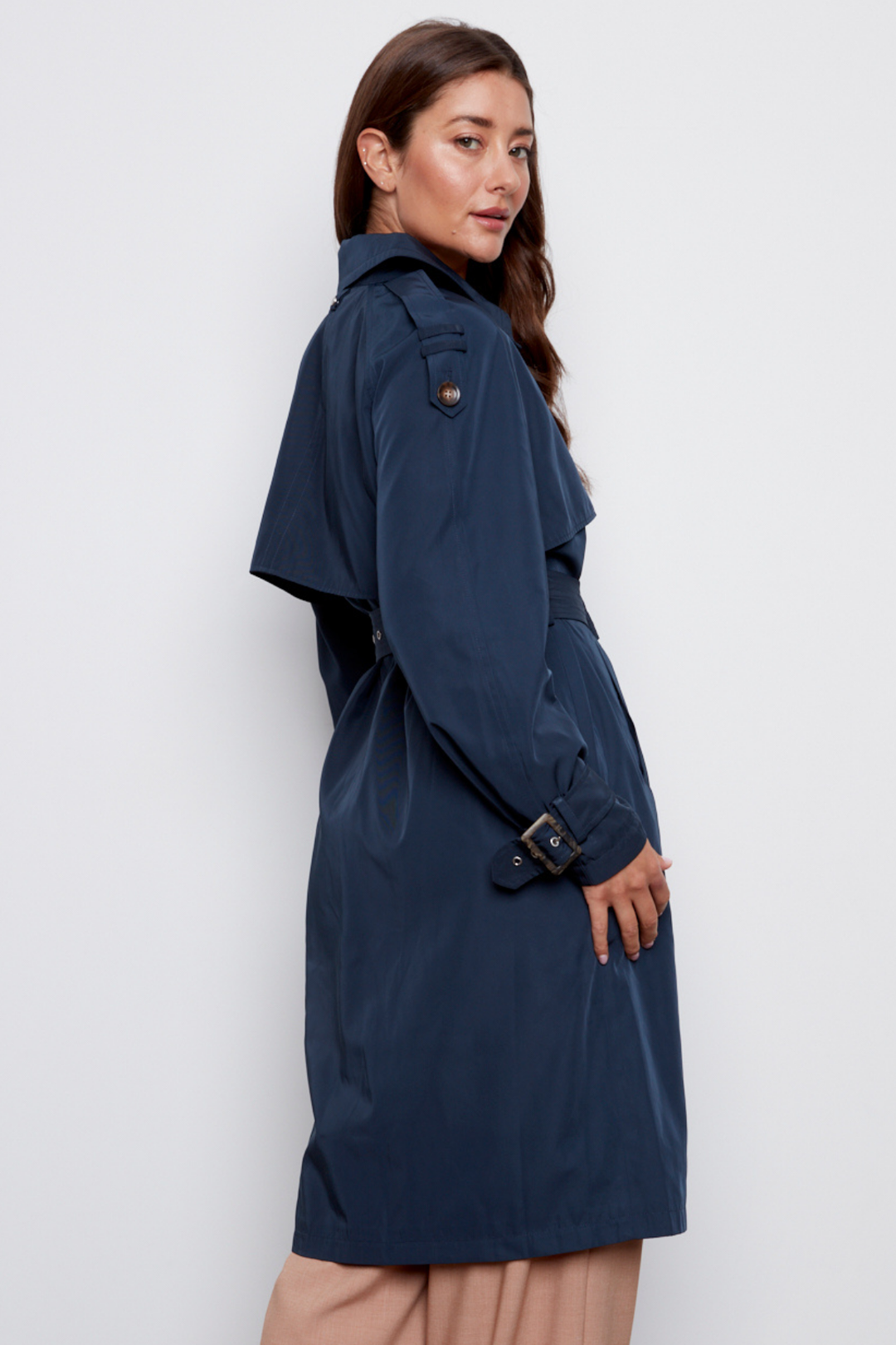 Adroit Atelier Cara Long Trench Coat in Navy available at Barbara Katz