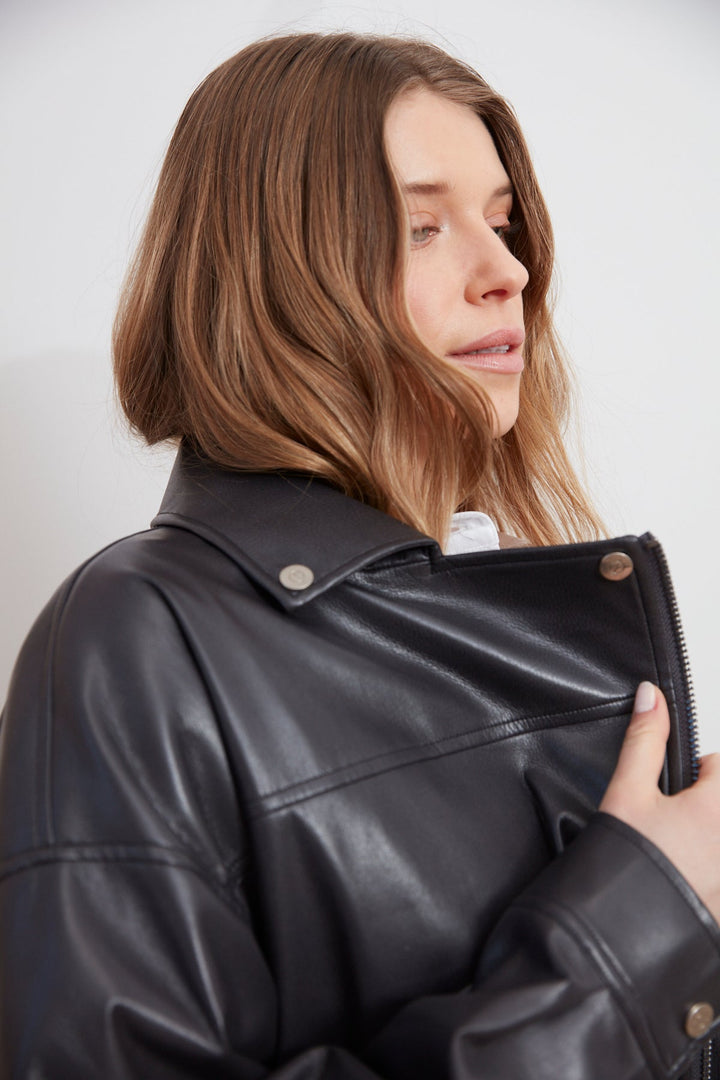 Adroit Atelier Carey Moto Vegan Leather Jacket in Black available at Barbara Katz