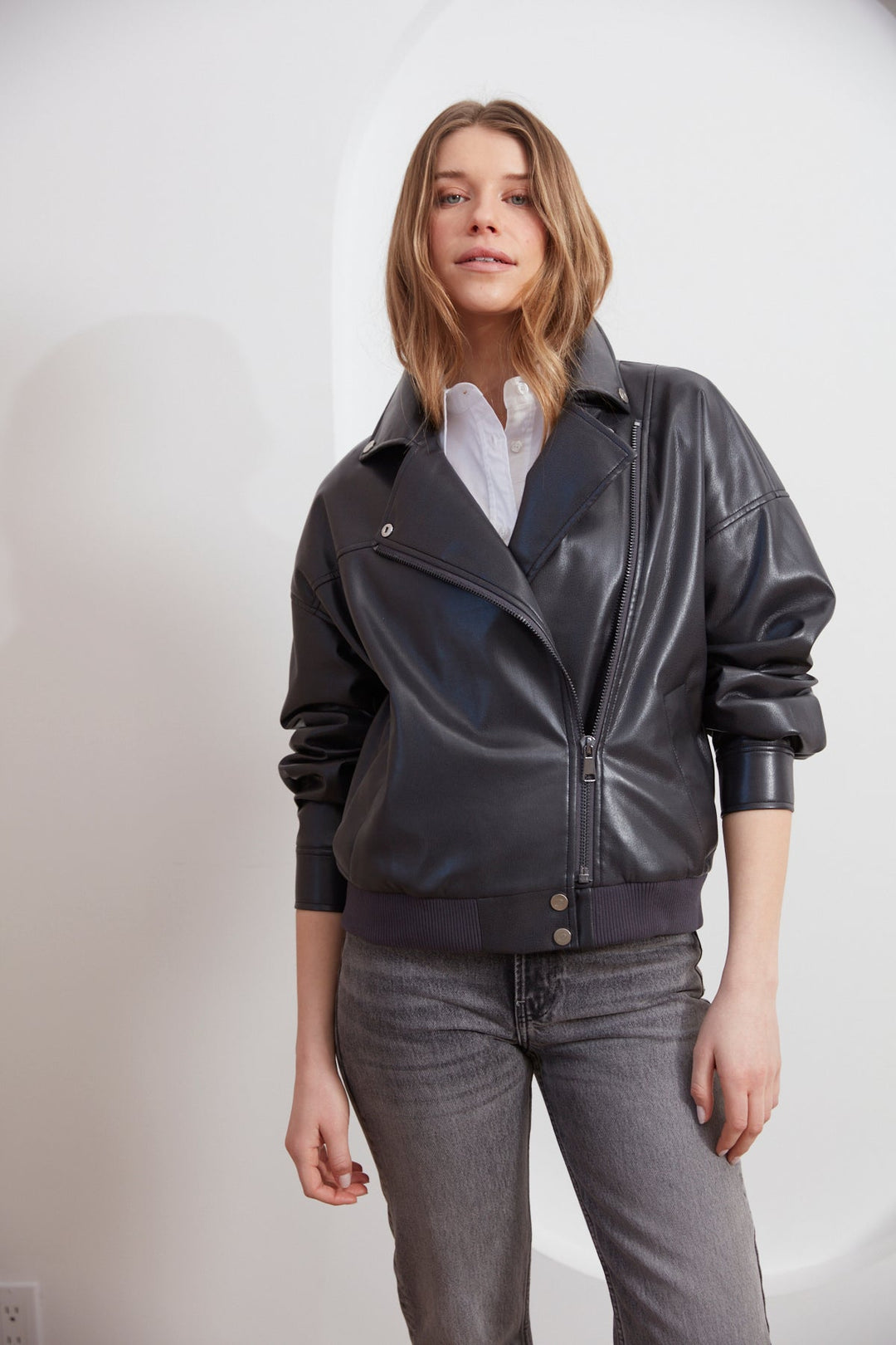 Adroit Atelier Carey Moto Vegan Leather Jacket in Black available at Barbara Katz