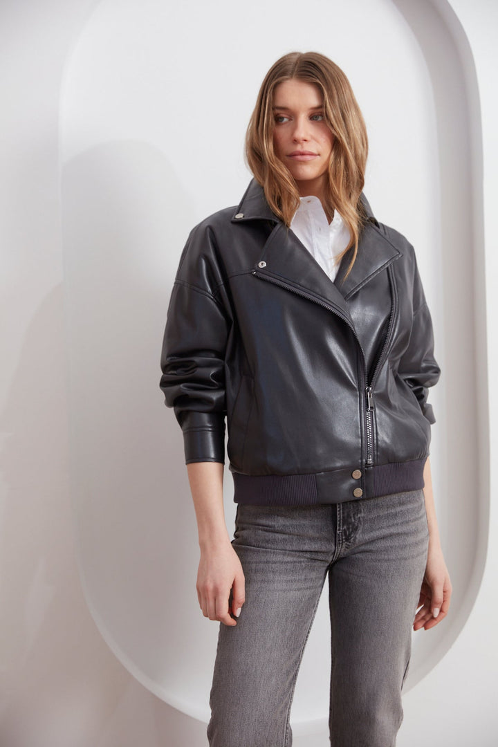 Adroit Atelier Carey Moto Vegan Leather Jacket in Black available at Barbara Katz