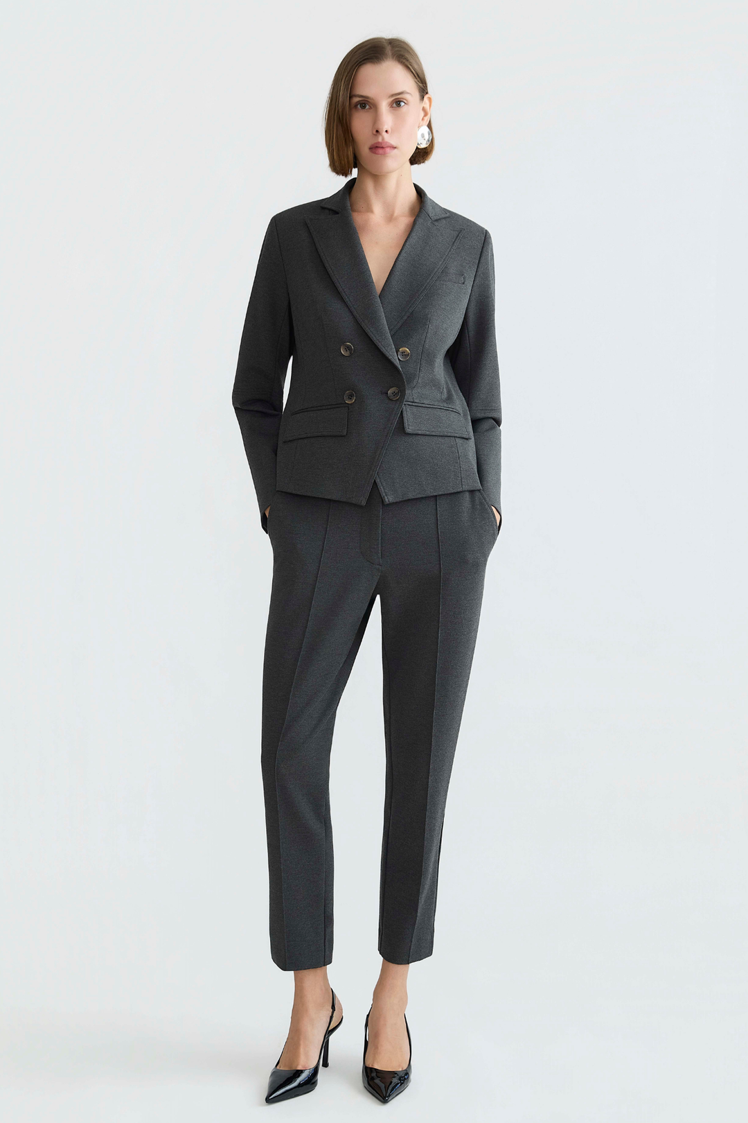 Adroit Atelier Carlisle Double Breasted Stretch Signature Blazer in Anthracite available at Barbara Katz