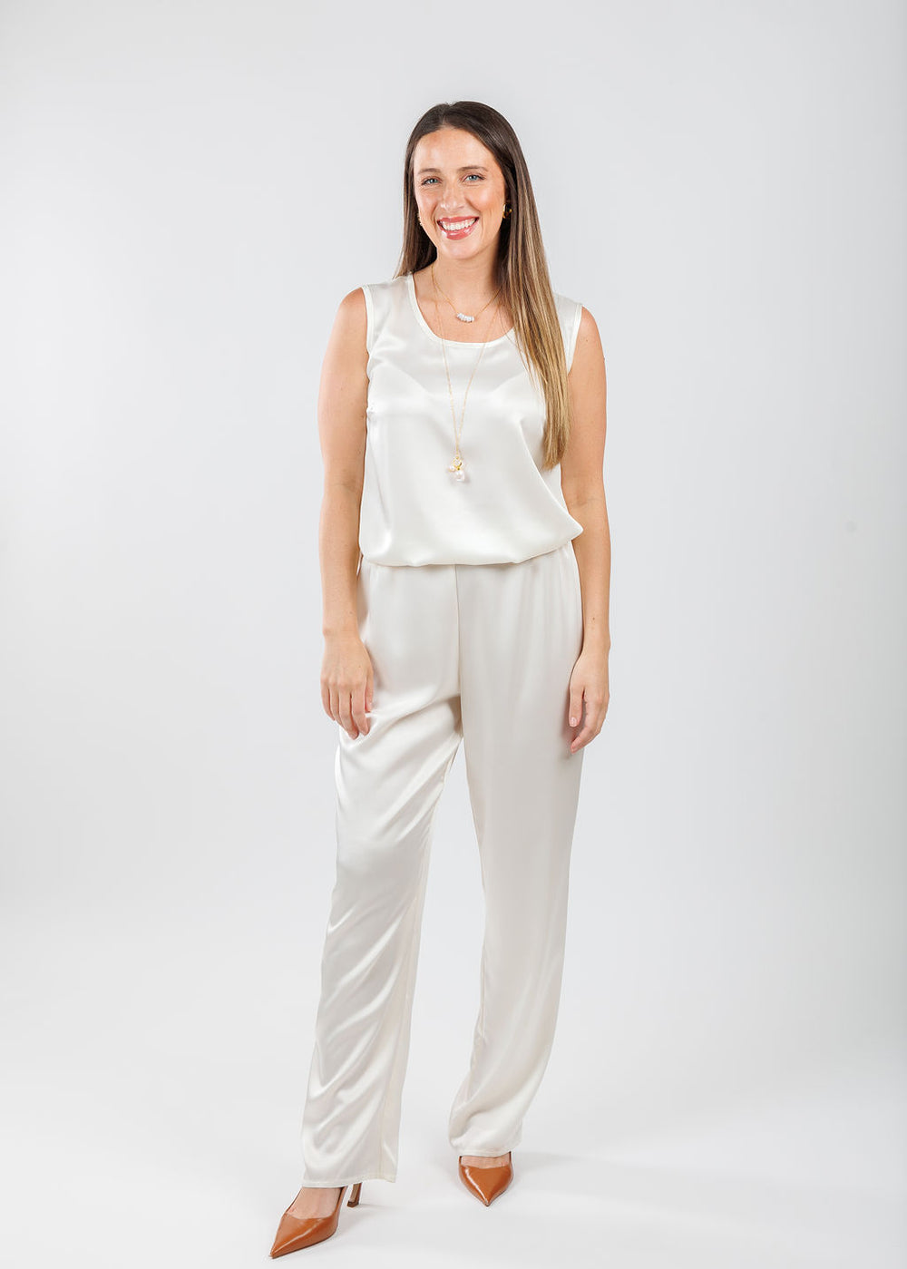 Caroline Rose Soft Satin Tank in Ivory paired with matching Caroline Rose Soft Satin Pants in Ivory available at Barbara Katz