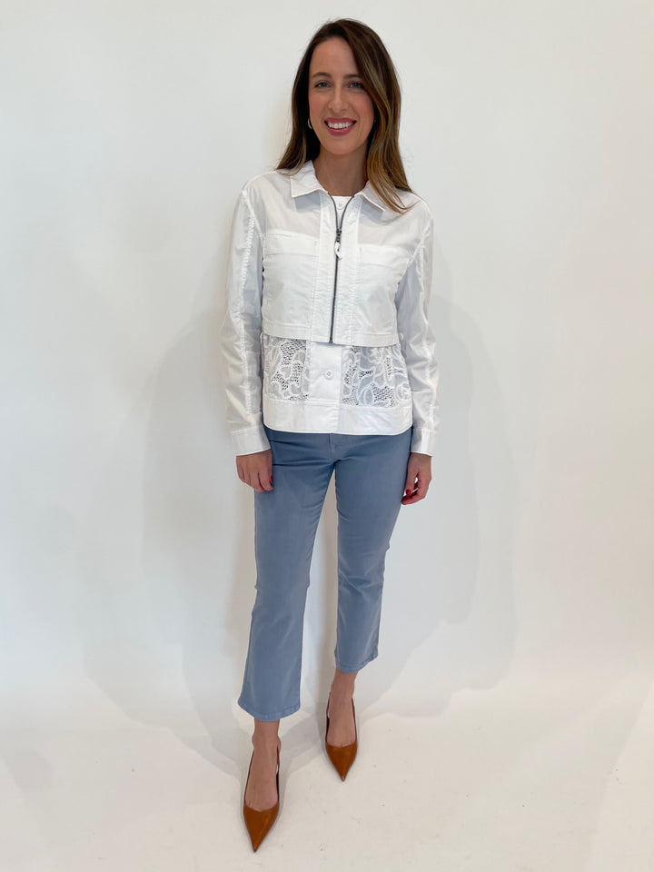 Marrakech Carlton Lace Peplum Jacket in White paired with Elliott Lauren Bootcut Jeans in Chambray available at Barbara Katz