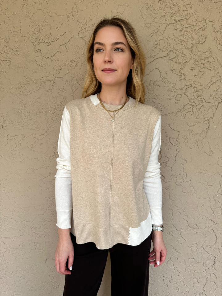 Elliott Lauren Color Block Crew Neck Sweater - Oatmeal/Starch