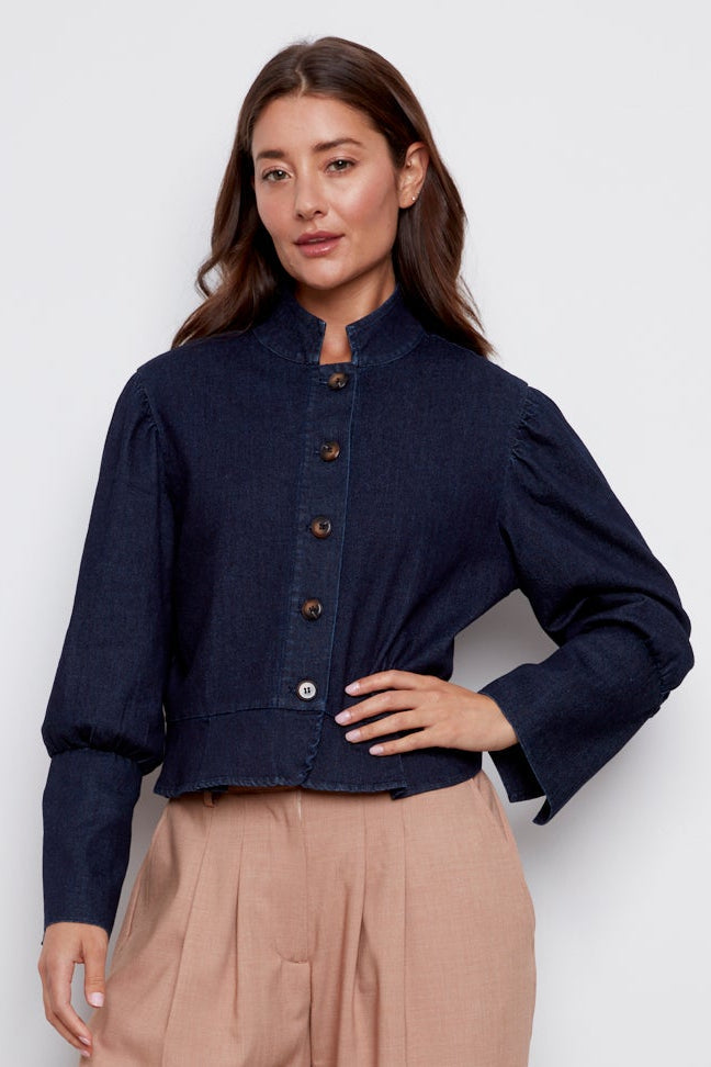 Adroit Atelier Celia Button-Front Short Denim Jacket in Dark Denim available at Barbara Katz