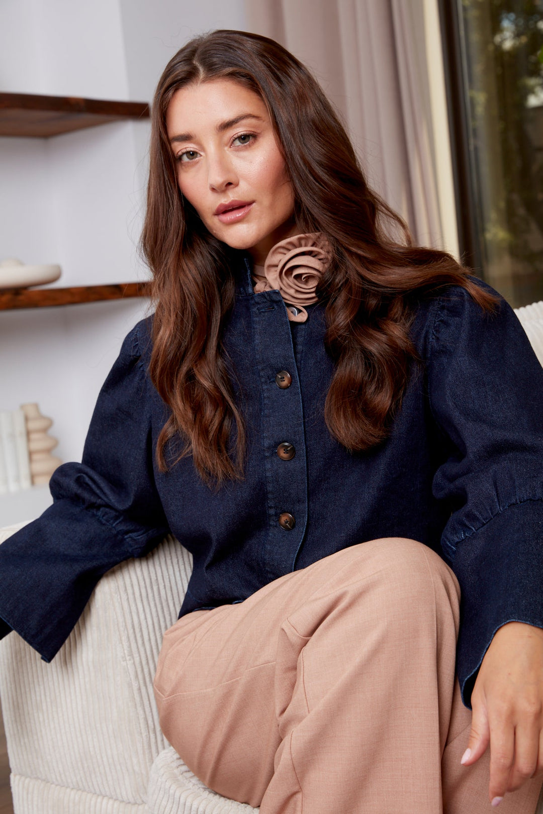 Adroit Atelier Celia Button-Front Short Denim Jacket in Dark Denim available at Barbara Katz