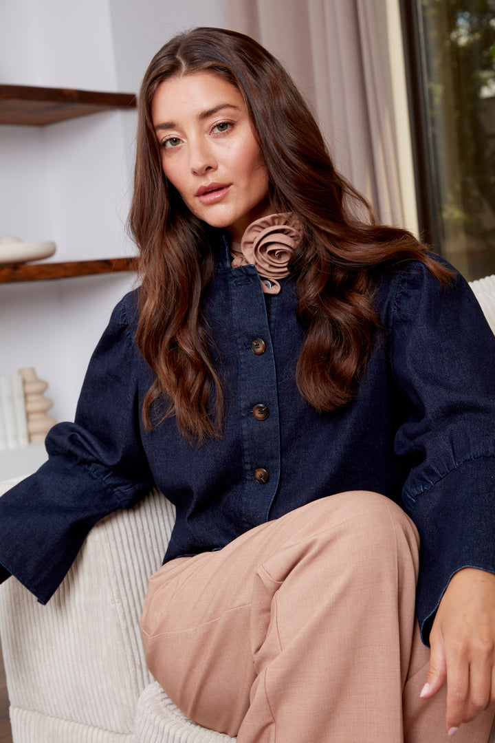 Adroit Atelier Celia Button-Front Short Denim Jacket in Dark Denim available at Barbara Katz