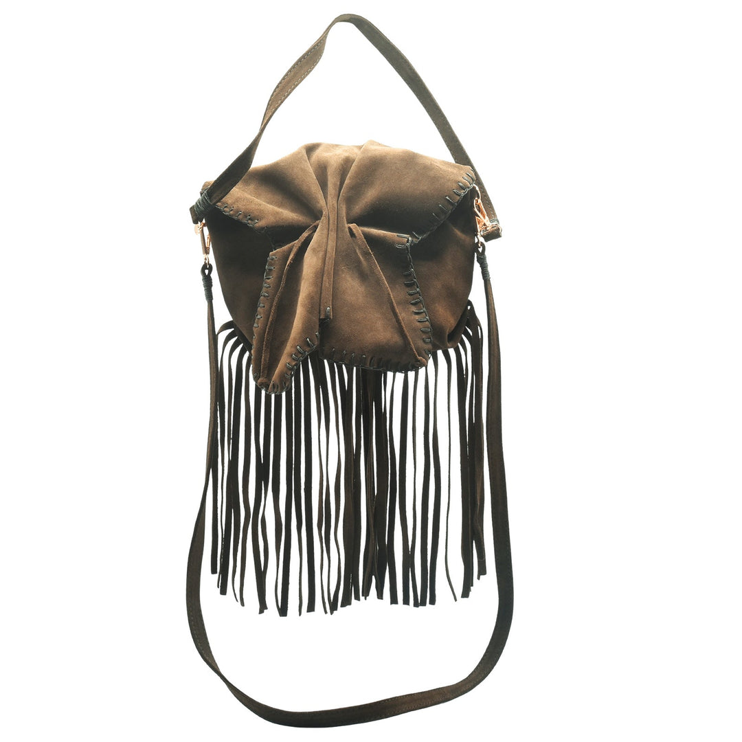 Carlos Falchi Medium Fringed Butterfly Bag - Brown Suede available at Barbara Katz