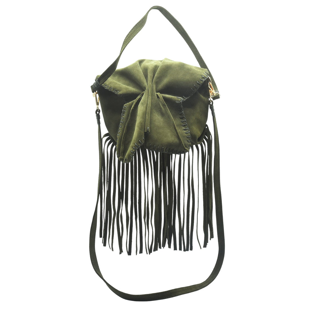 Carlos Falchi Medium Fringed Butterfly Bag in Olive Suede available at Barbara Katz