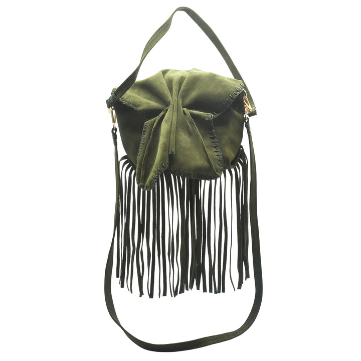 Carlos Falchi Medium Fringed Butterfly Bag in Olive Suede available at Barbara Katz
