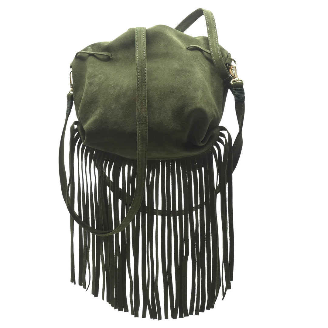 Carlos Falchi Medium Fringed Butterfly Bag in Olive Suede available at Barbara Katz