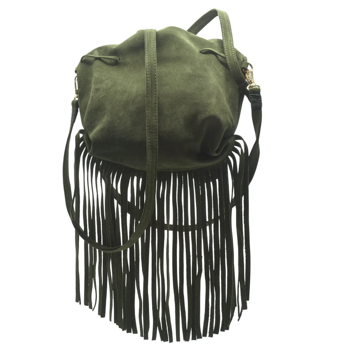 Carlos Falchi Medium Fringed Butterfly Bag in Olive Suede available at Barbara Katz