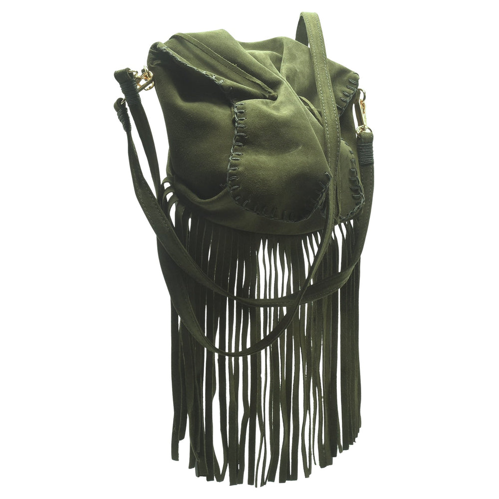 Carlos Falchi Medium Fringed Butterfly Bag in Olive Suede available at Barbara Katz