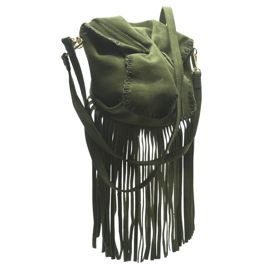 Carlos Falchi Medium Fringed Butterfly Bag in Olive Suede available at Barbara Katz
