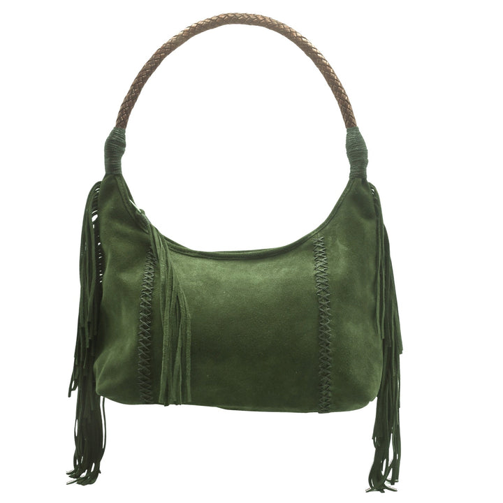 Carlos Falchi Fringe Hobo Bag in Olive Suede available at Barbara Katz