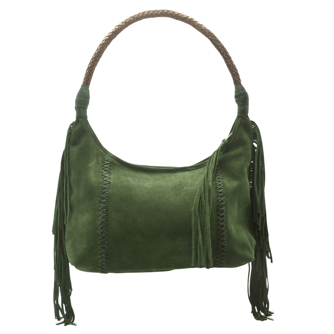 Carlos Falchi Fringe Hobo Bag in Olive Suede available at Barbara Katz