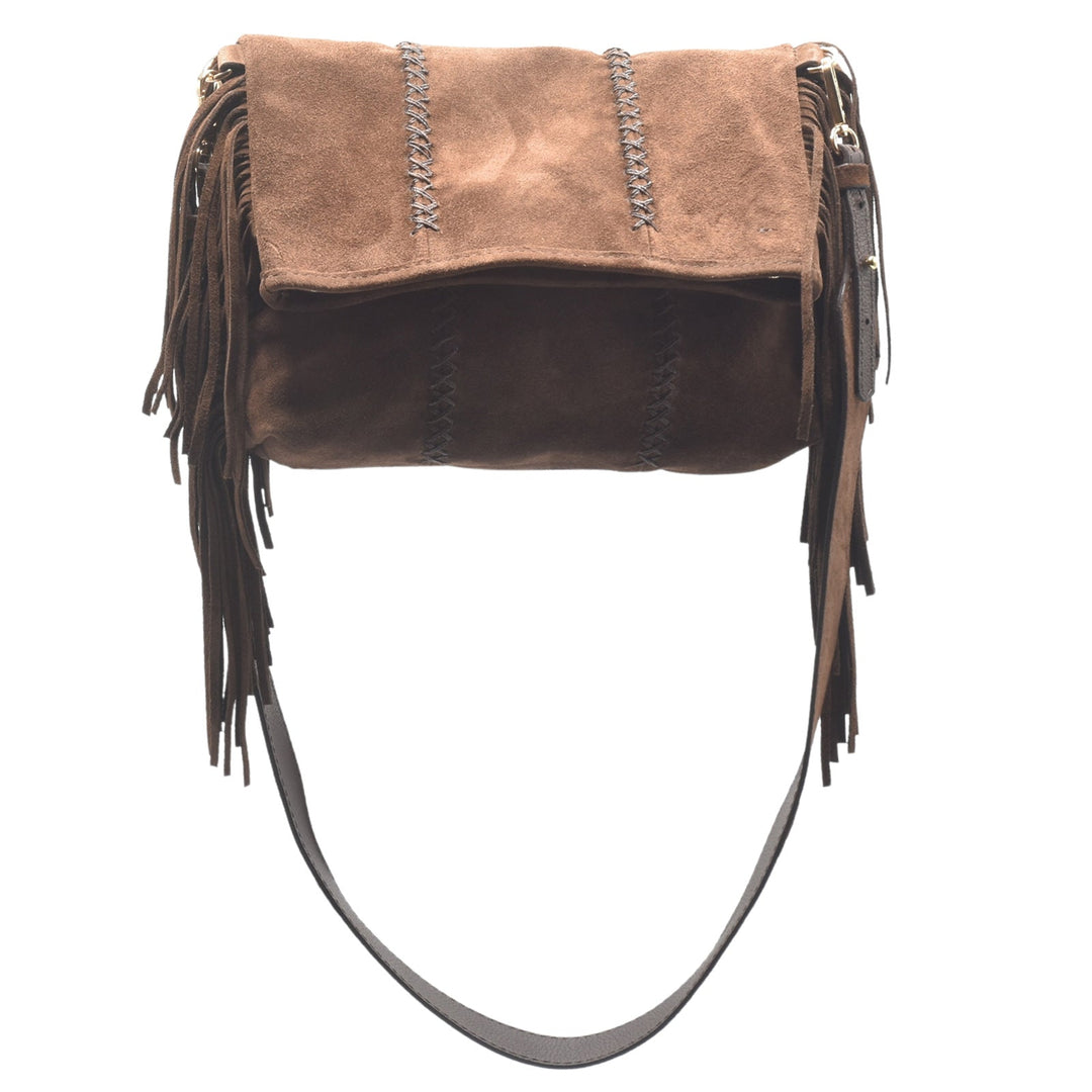 Carlos Falchi Fringe Messenger Bag in Brown Suede available at Barbara Katz