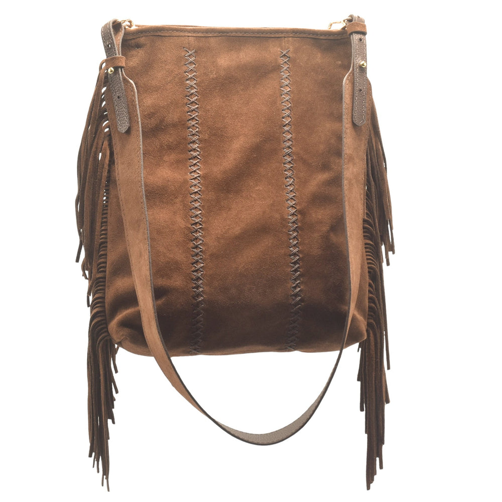Carlos Falchi Fringe Messenger Bag in Brown Suede available at Barbara Katz