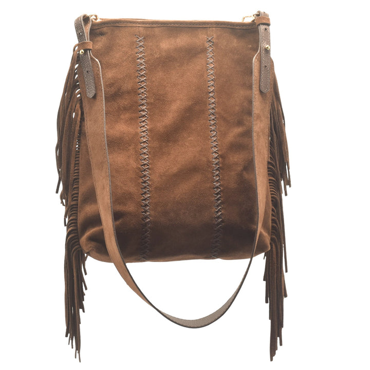 Carlos Falchi Fringe Messenger Bag in Brown Suede available at Barbara Katz