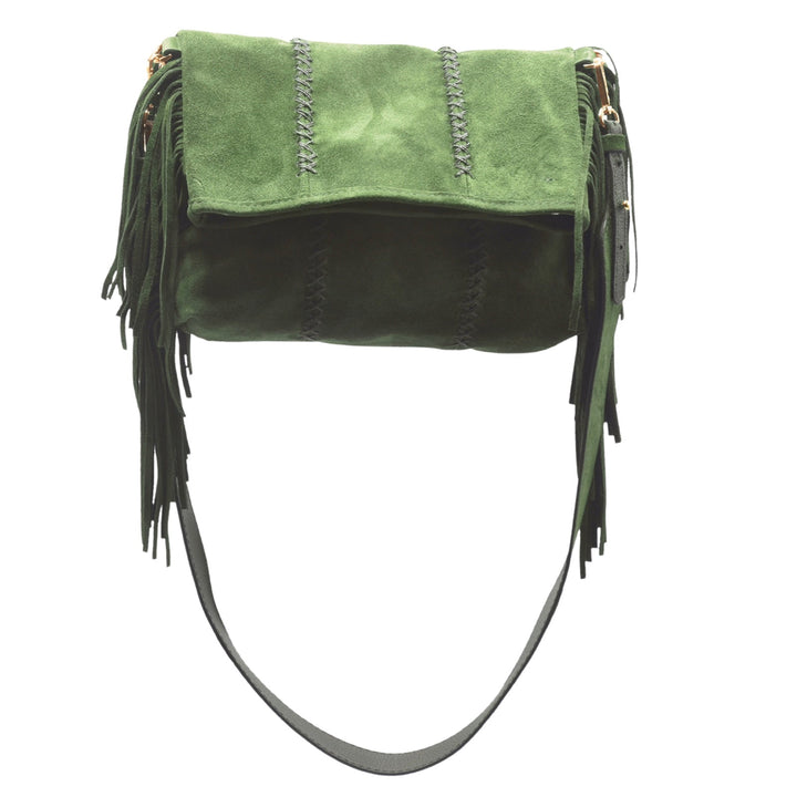 Carlos Falchi Fringe Messenger Bag - Olive Suede available at Barbara Katz