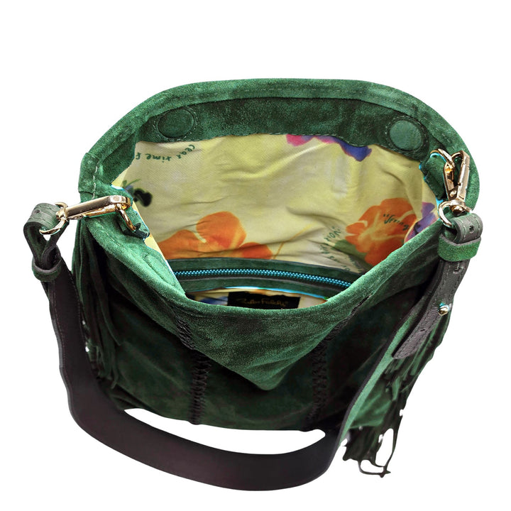 Carlos Falchi Fringe Messenger Bag - Olive Suede available at Barbara Katz