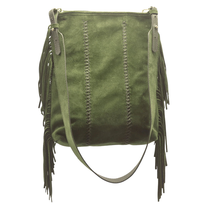 Carlos Falchi Fringe Messenger Bag - Olive Suede available at Barbara Katz